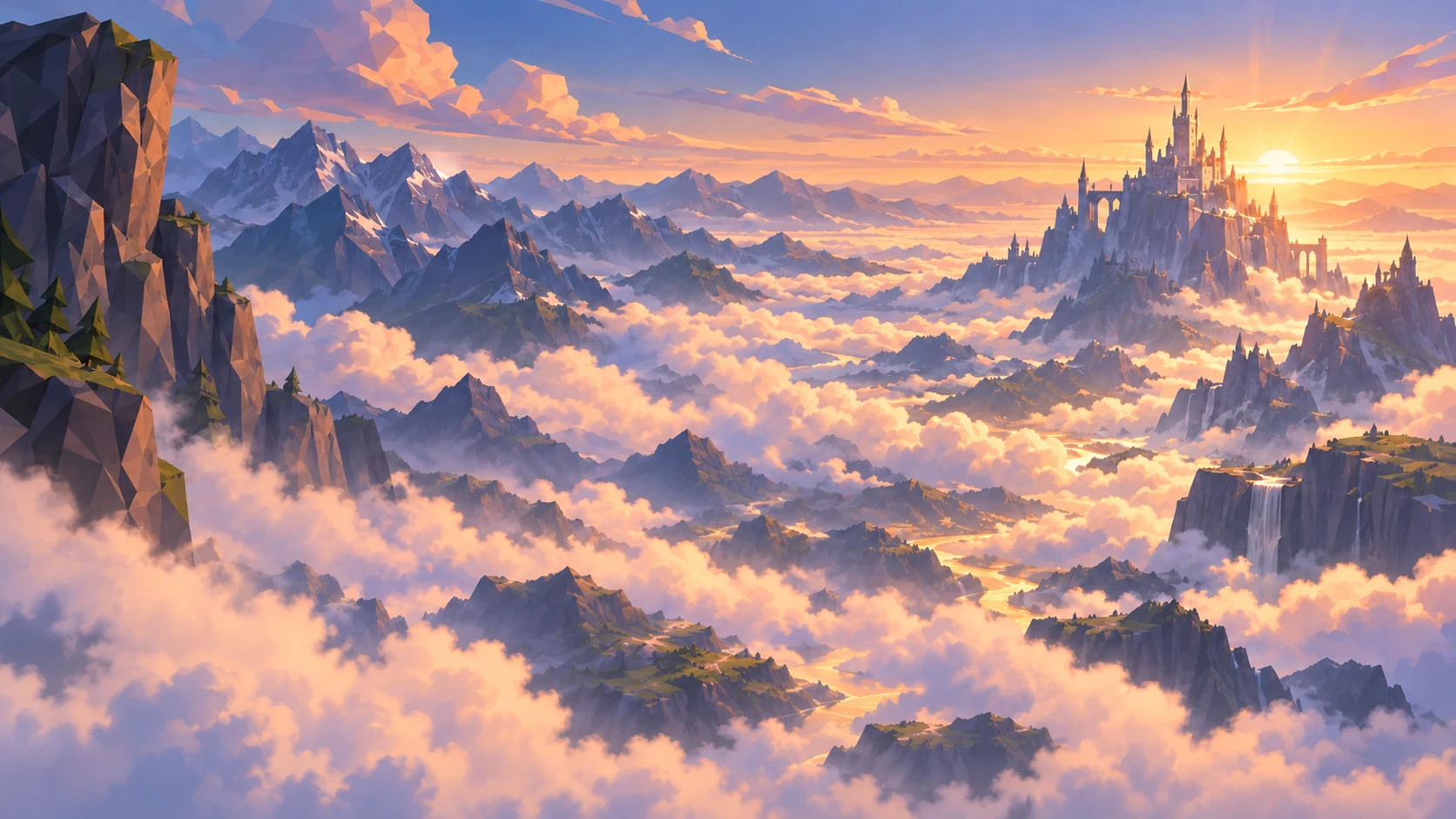 Adventurers overlooking a castle from a cliff at dawn