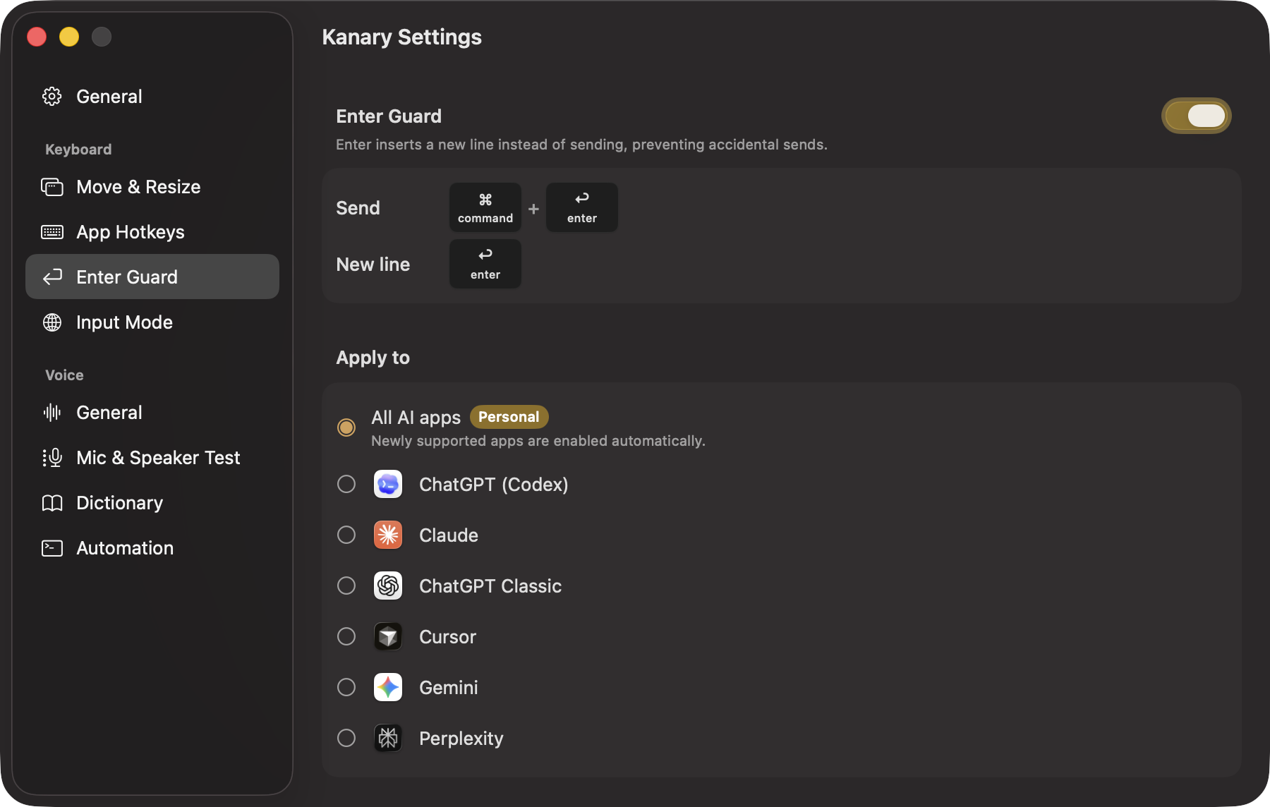 Kanary Settings showing Enter Guard enabled for all AI apps